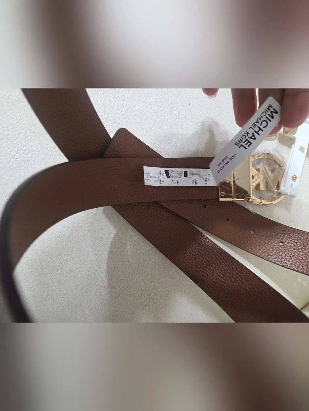 Michael Kors Beige Monogram Reversible Belt with Gold MK Buckle